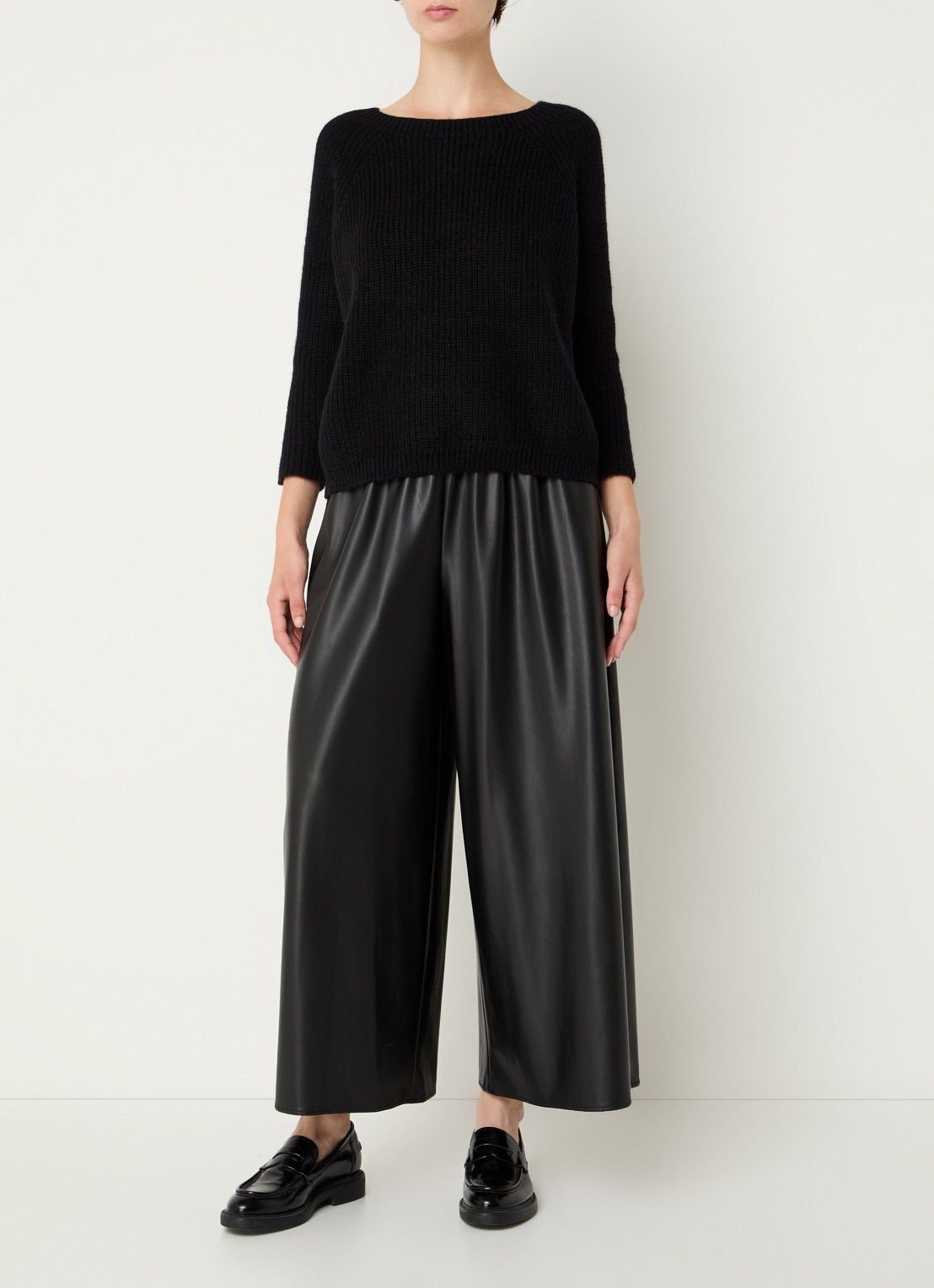 Max Mara Gennaro high waist wide fit cropped palazzo broek van imitatieleer met steekzakken - voorkant 4 zwart