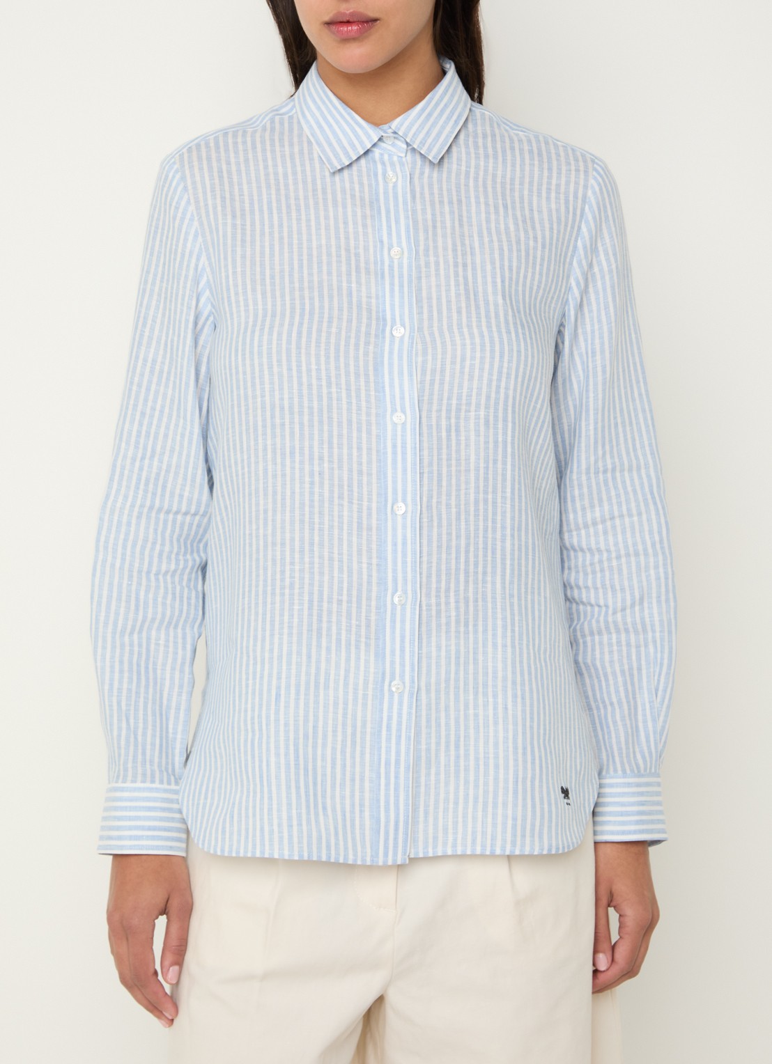Max Mara Giurato blouse van linnen met streepprint - detail 4 lichtblauw