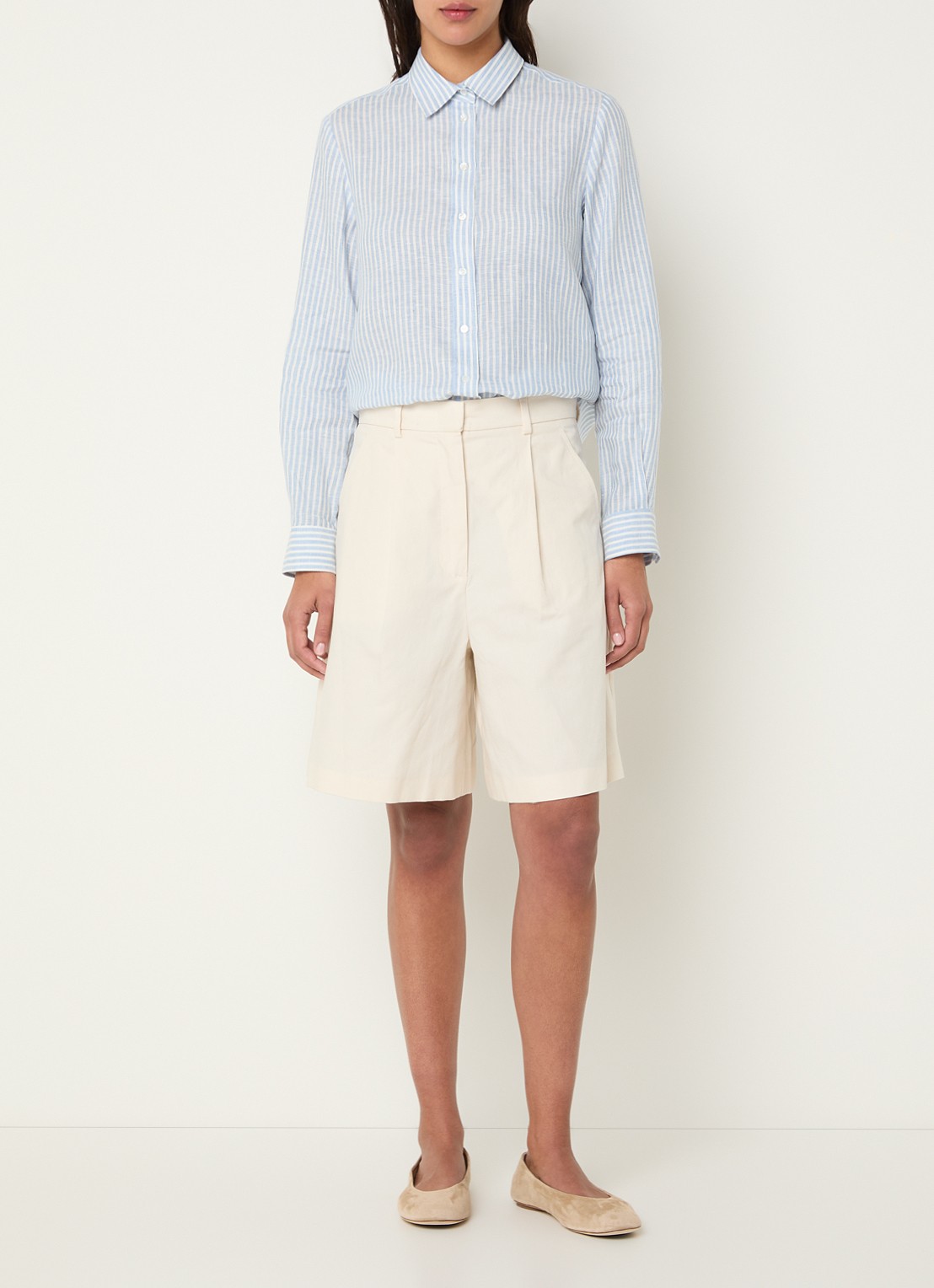 Max Mara Giurato blouse van linnen met streepprint - voorkant 2 lichtblauw