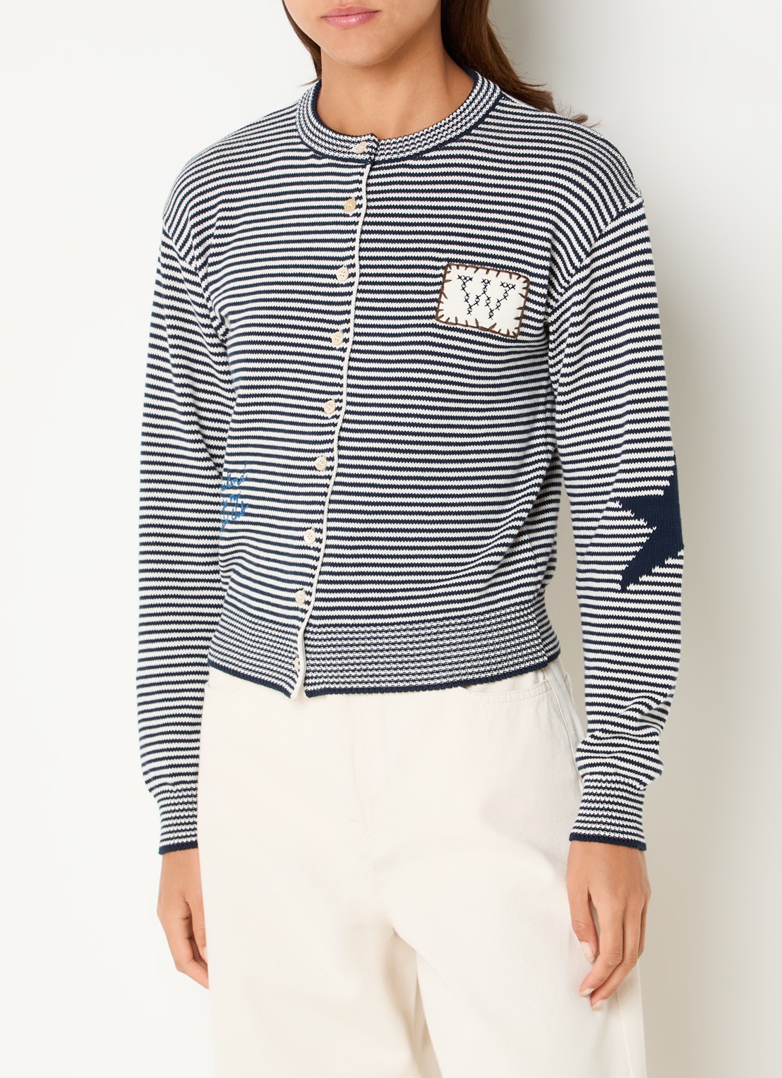 Max Mara Grofgebreid vest met streepprint - detail 3 donkerblauw