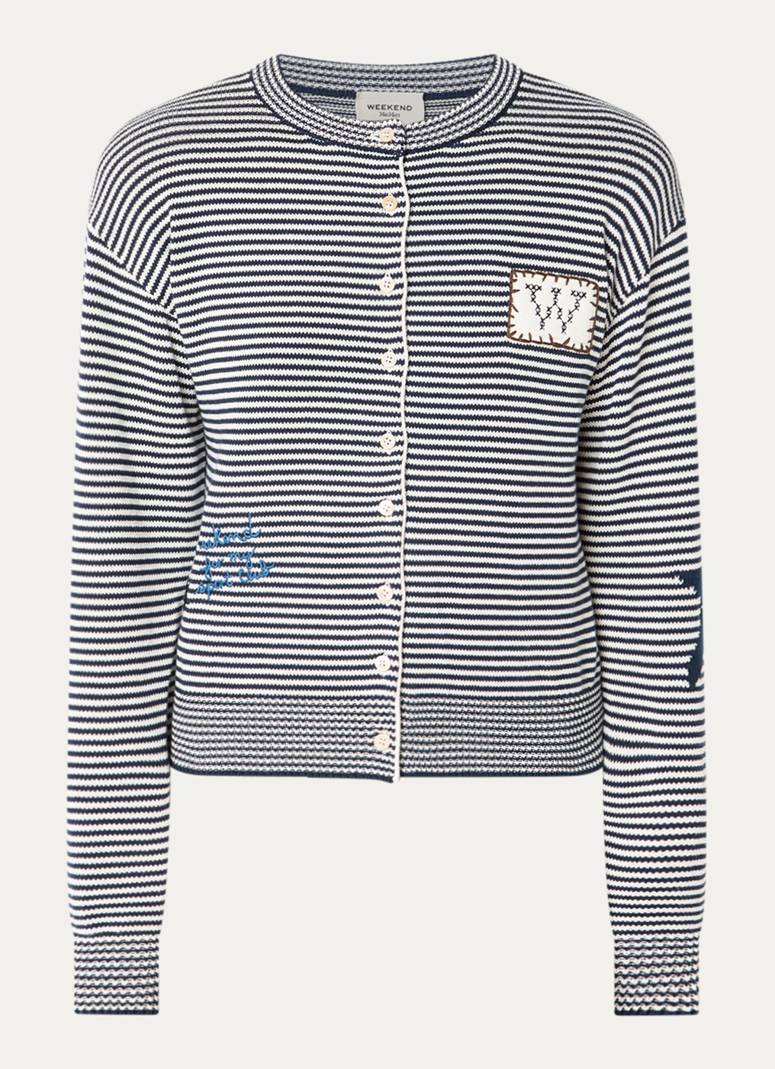 Max Mara Grofgebreid vest met streepprint - voorkant donkerblauw