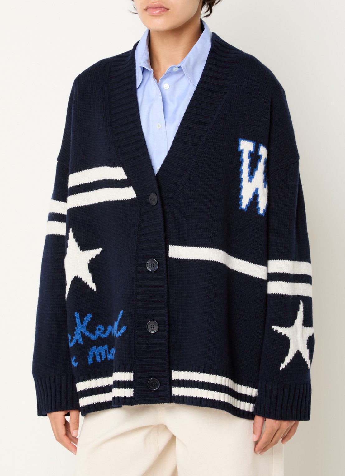 Max Mara Grofgebreid vest van wol met print - detail 4 donkerblauw