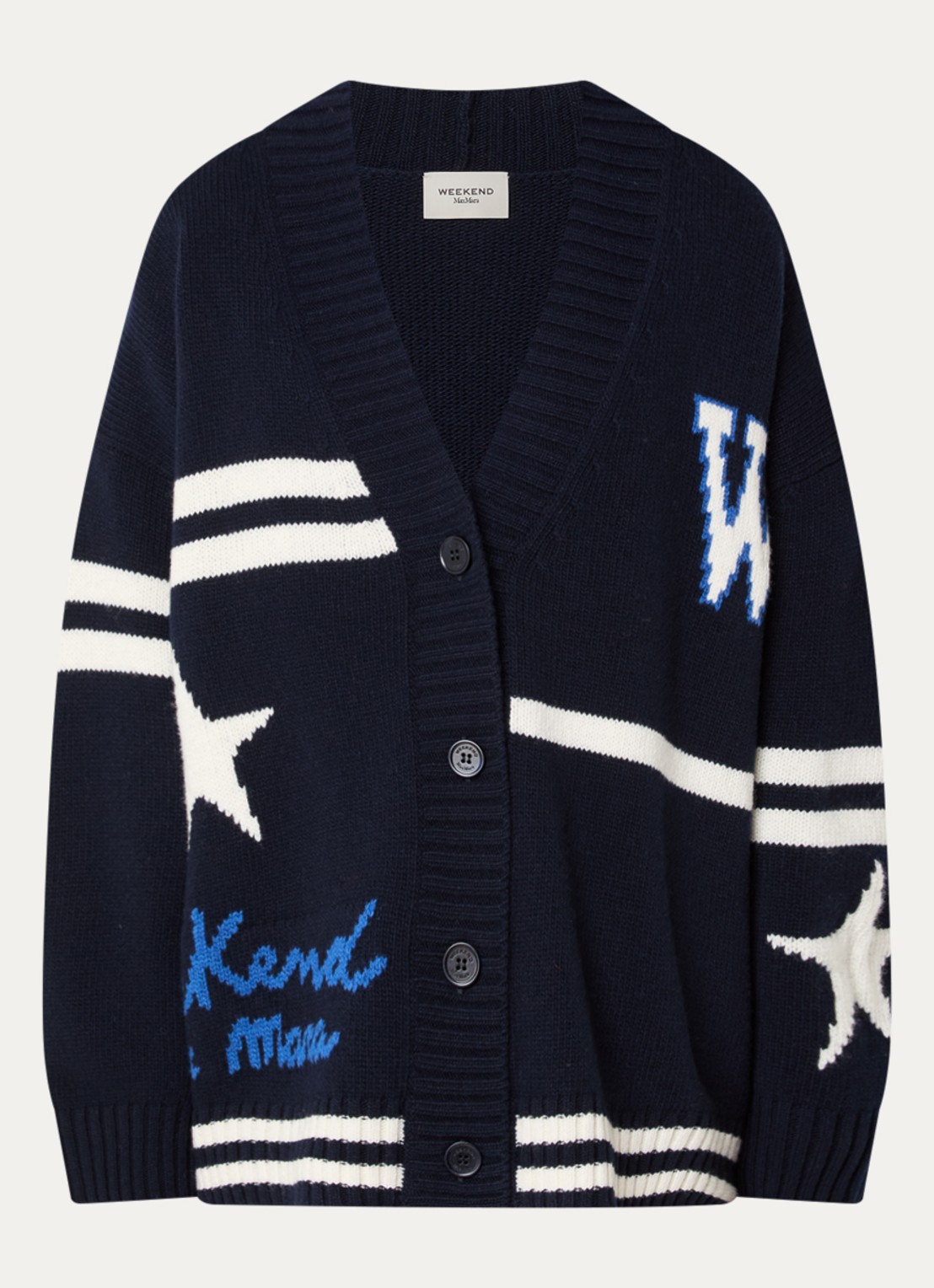 Max Mara Grofgebreid vest van wol met print - voorkant donkerblauw
