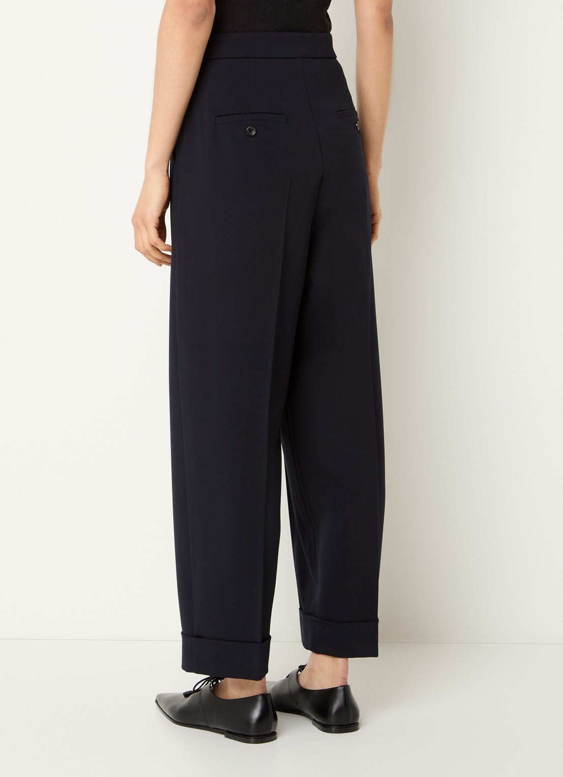 Max Mara High waist loose fit pantalon van scheerwol met steekzakken - achterkant donkerblauw