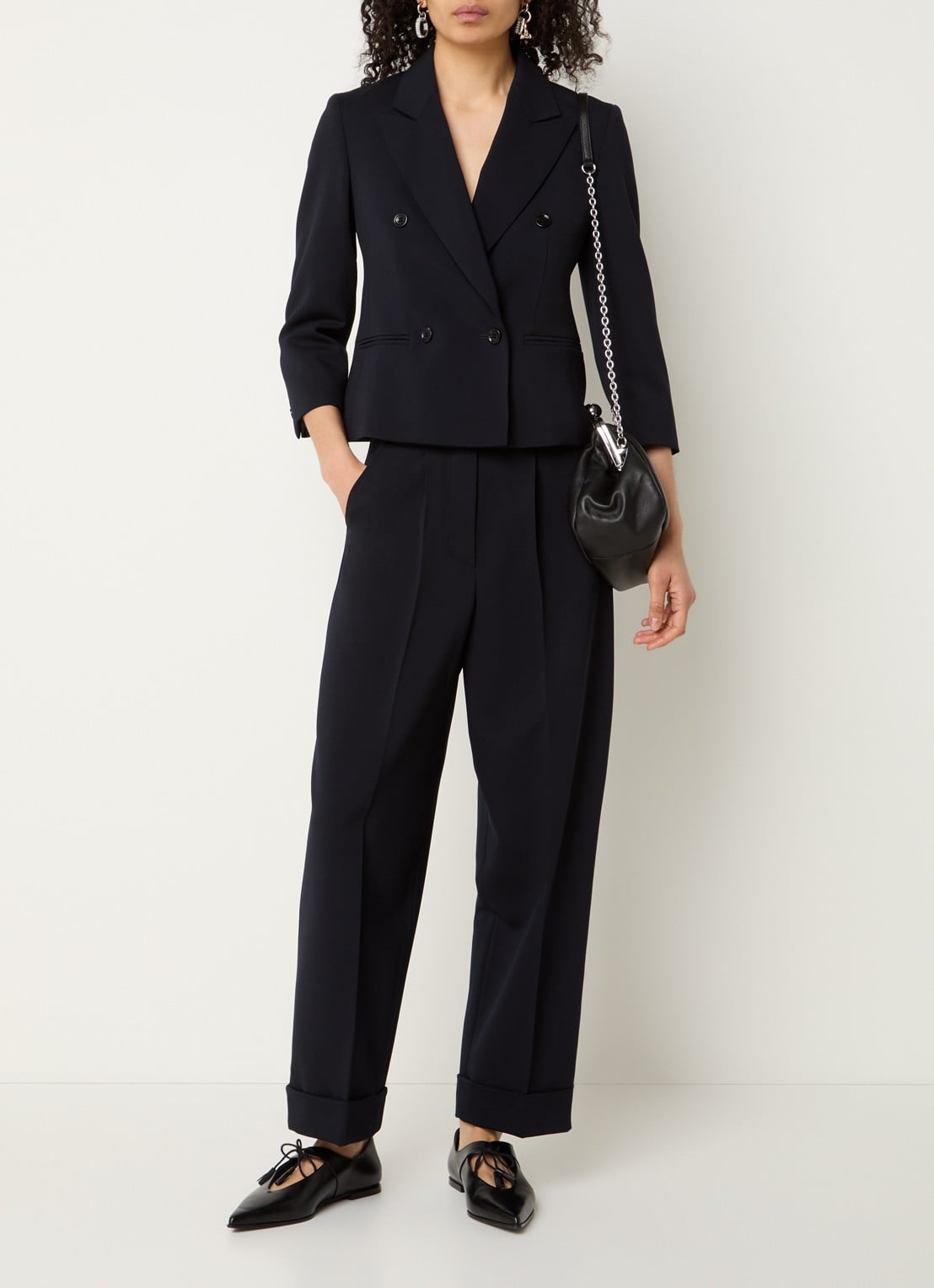 Max Mara High waist loose fit pantalon van scheerwol met steekzakken - voorkant 3 donkerblauw