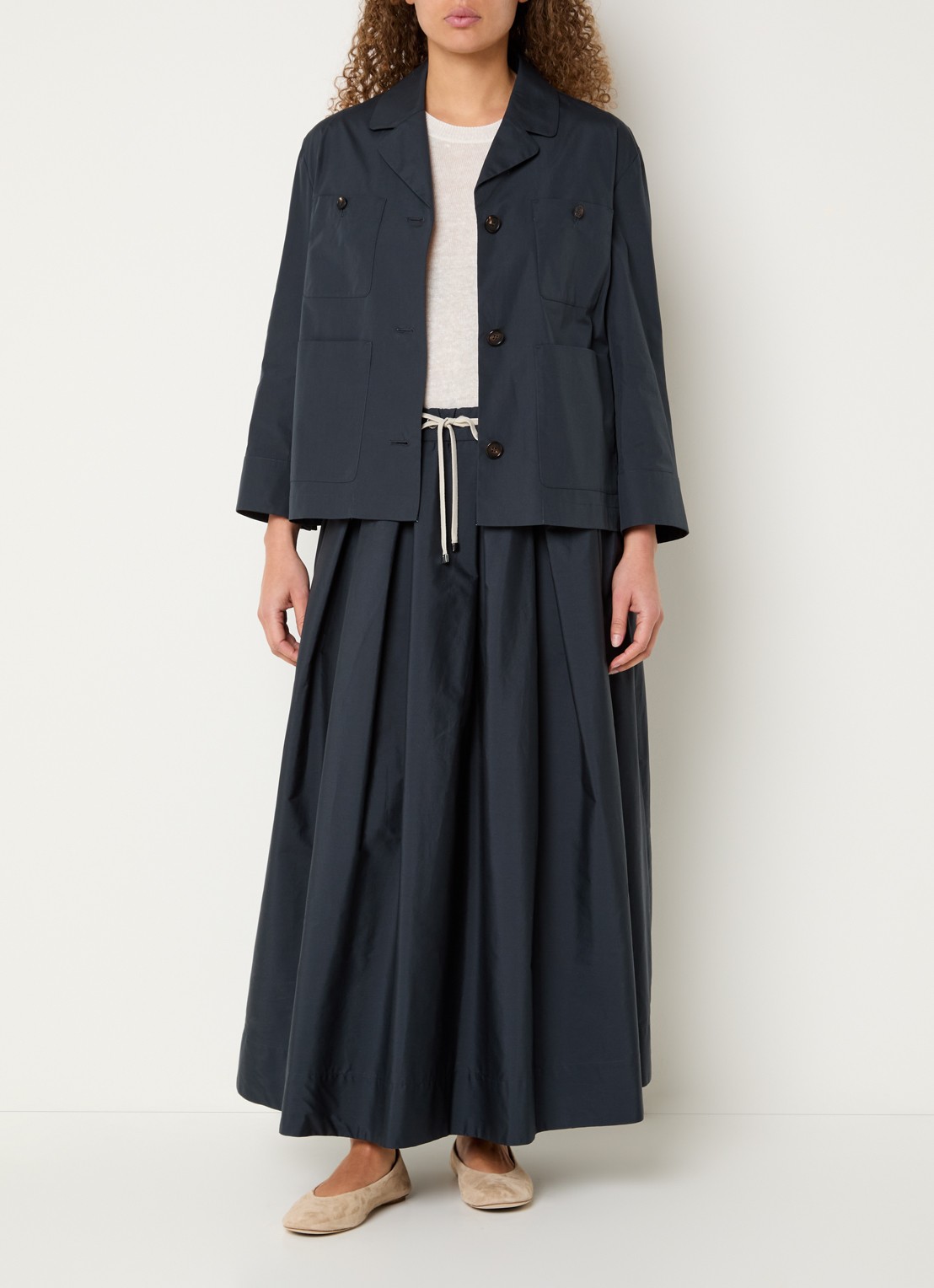 Max Mara High waist midi rok met trekkoord - voorkant 2 staalblauw
