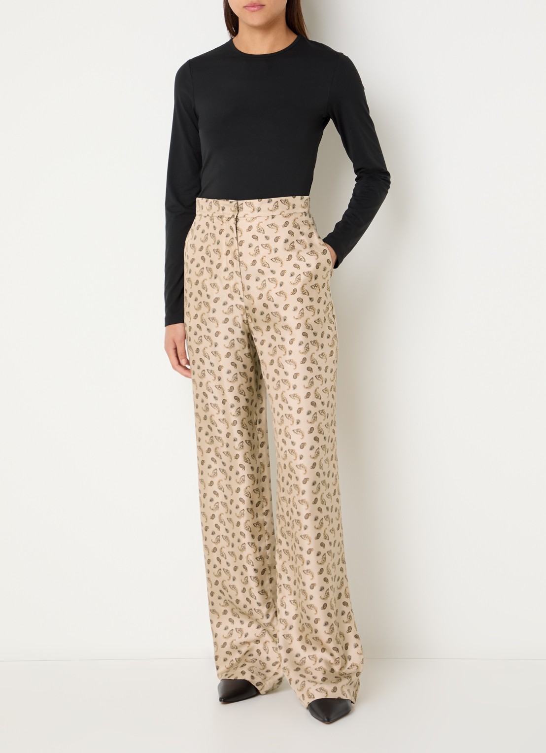 Max Mara High waist wide fit pantalon van zijde met paisley dessin - voorkant 3 beige