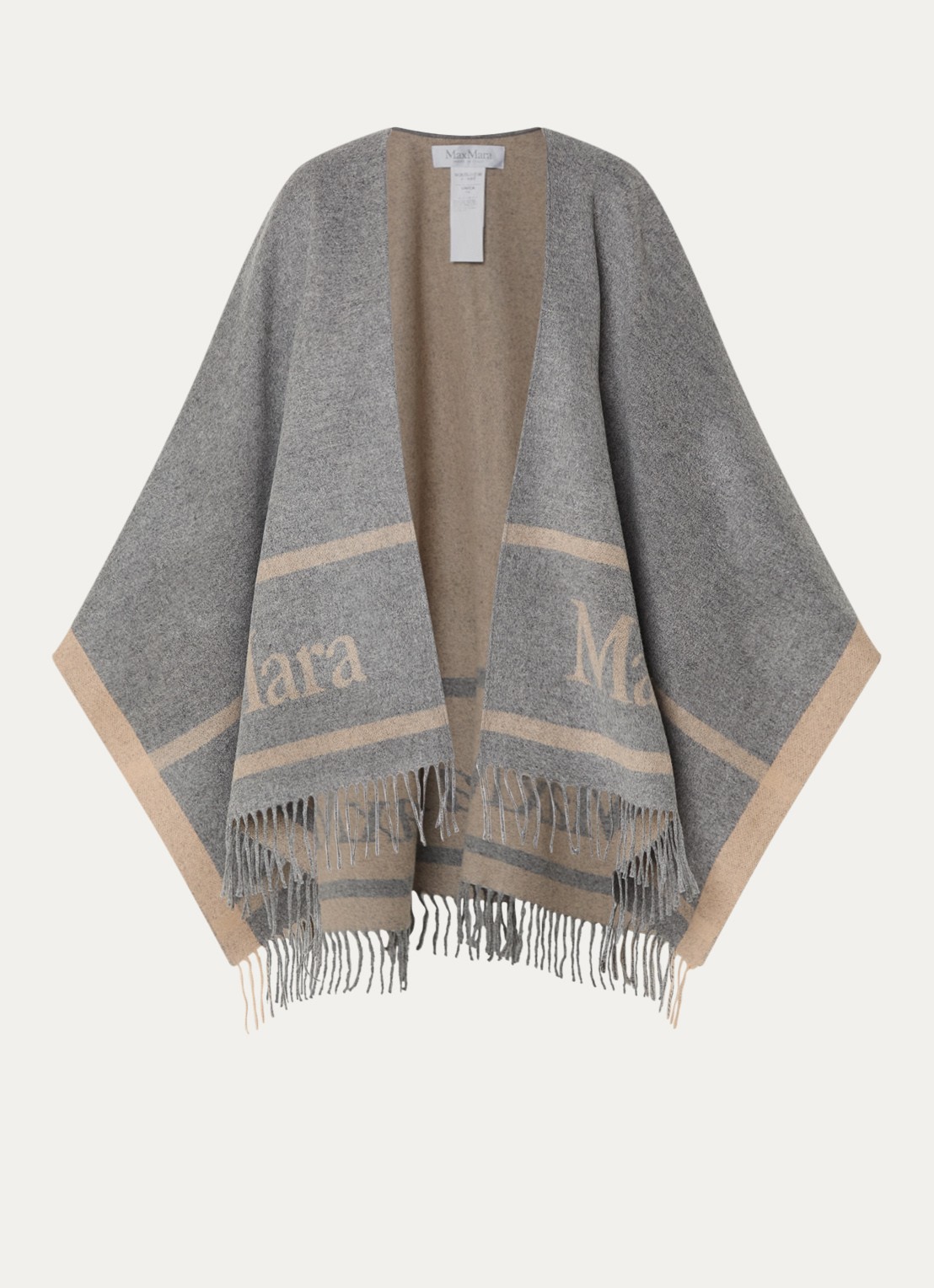 Max Mara Hilde poncho van wol met logoprint en franjes - voorkant 2 grijsmele
