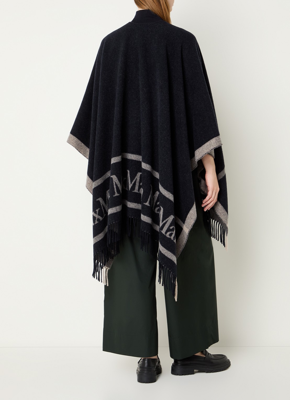 Max Mara Hilde poncho van wol met logoprint - achterkant 4 donkerblauw