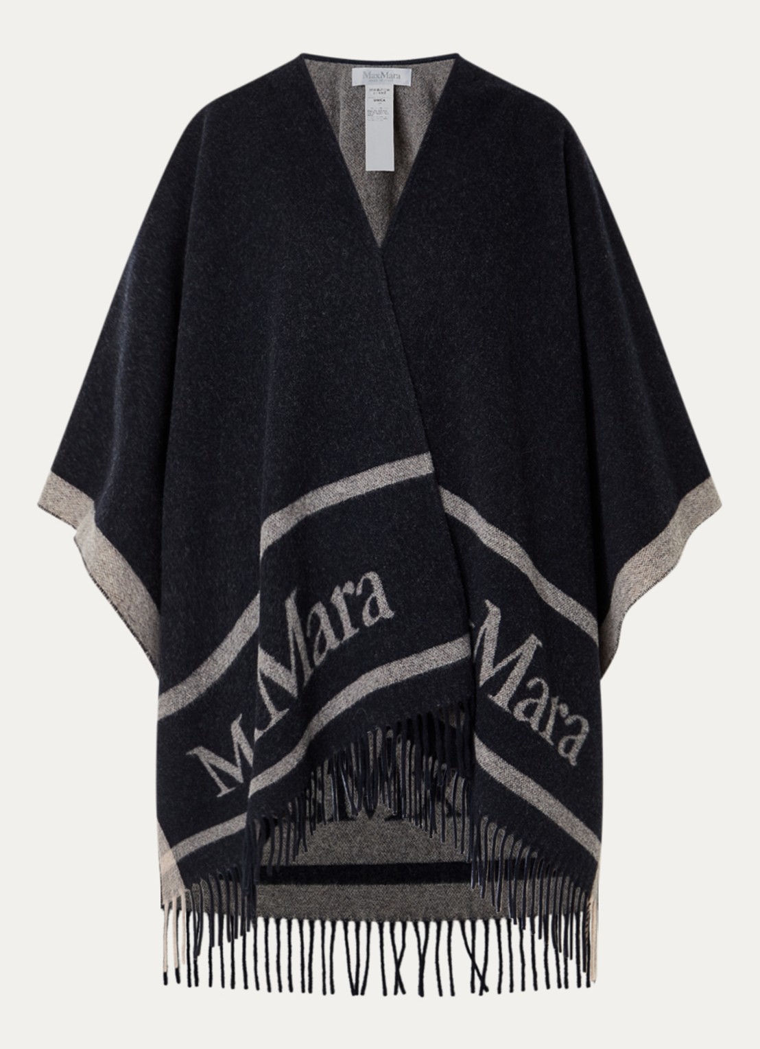 Max Mara Hilde poncho van wol met logoprint - voorkant 2 donkerblauw