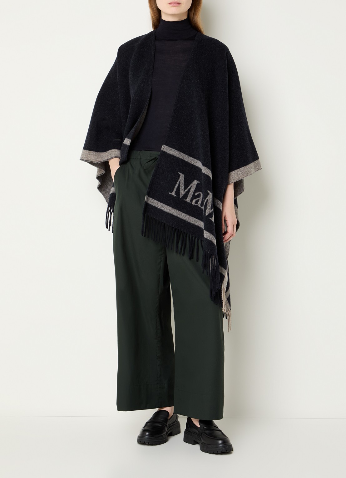 Max Mara Hilde poncho van wol met logoprint - voorkant 3 donkerblauw