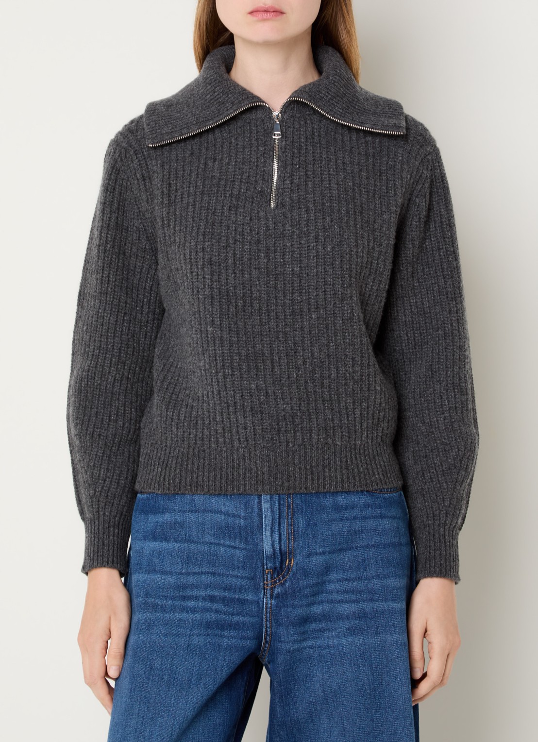 Max Mara Laser ribgebreide trui van scheerwol met halve rits - detail donkergrijs