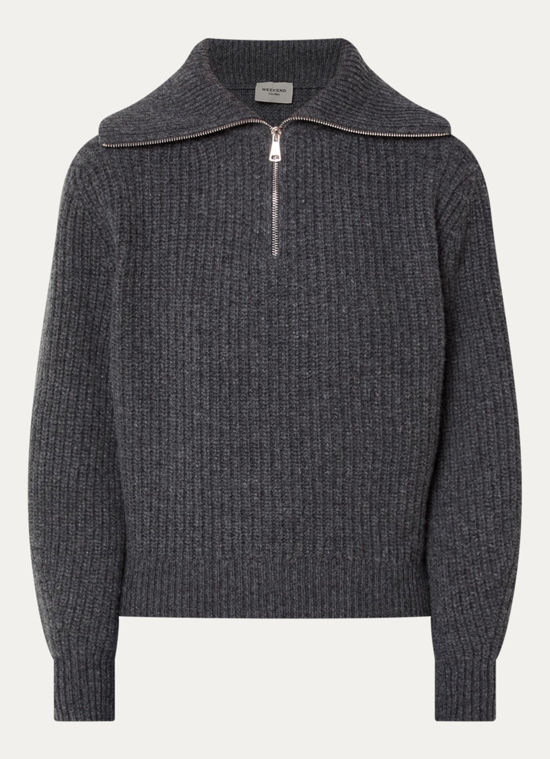 Max Mara Laser ribgebreide trui van scheerwol met halve rits - voorkant 3 donkergrijs