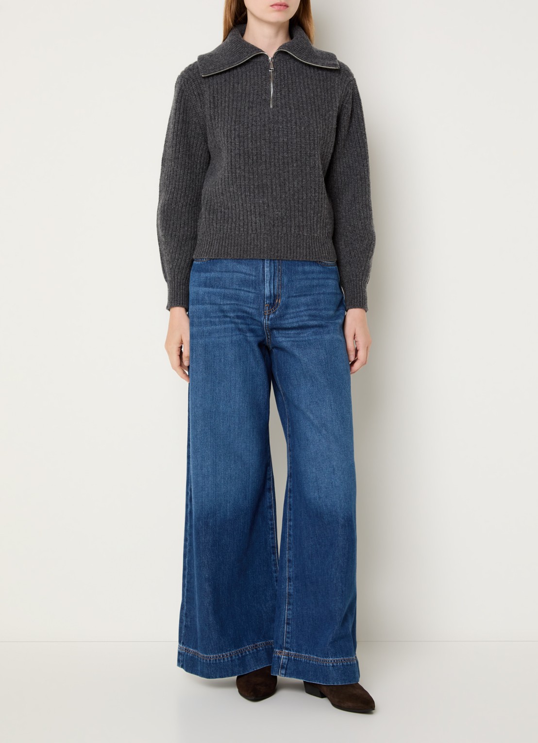 Max Mara Laser ribgebreide trui van scheerwol met halve rits - voorkant 4 donkergrijs