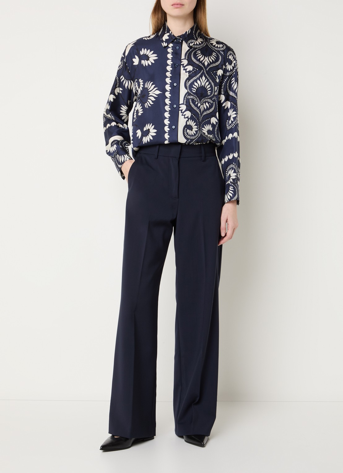Max Mara Lastra blouse van zijde met print en borstzak - voorkant 2 donkerblauw