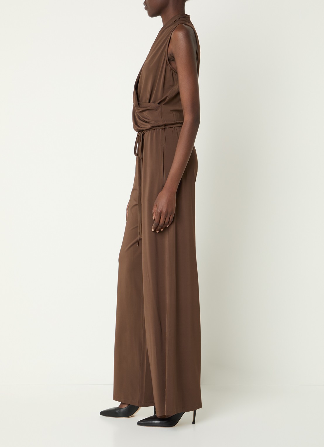 Max Mara Loose fit jumpsuit met watervalhals - voorkant 3 donkerbruin
