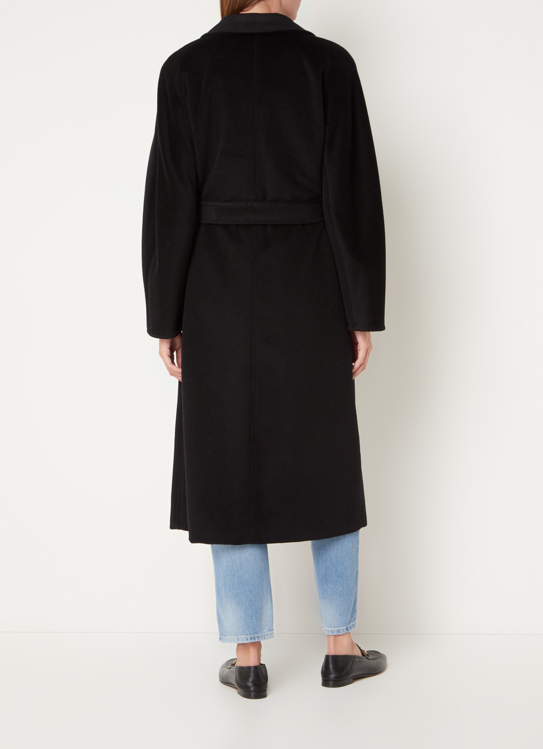 Max Mara Madame double-breasted mantel in kasjmierblend met strikceintuur - achterkant zwart