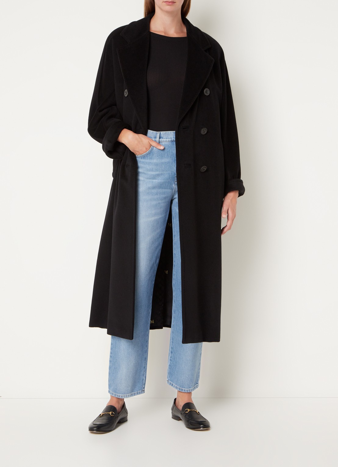Max Mara Madame double-breasted mantel in kasjmierblend met strikceintuur - voorkant 3 zwart