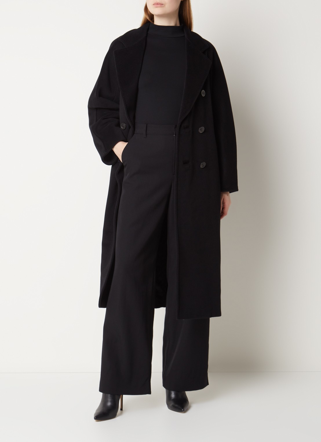 Max Mara Madame mantel in kasjmierblend met strikceintuur - voorkant zwart