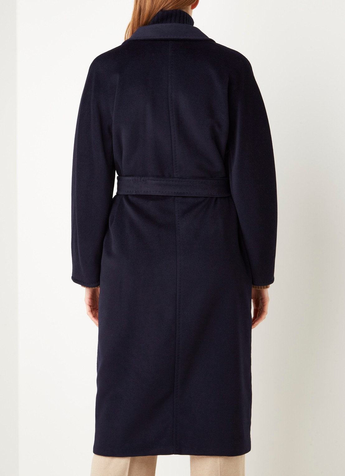 Max Mara Madame mantel in wolblend met strikceintuur - achterkant 3 blauw
