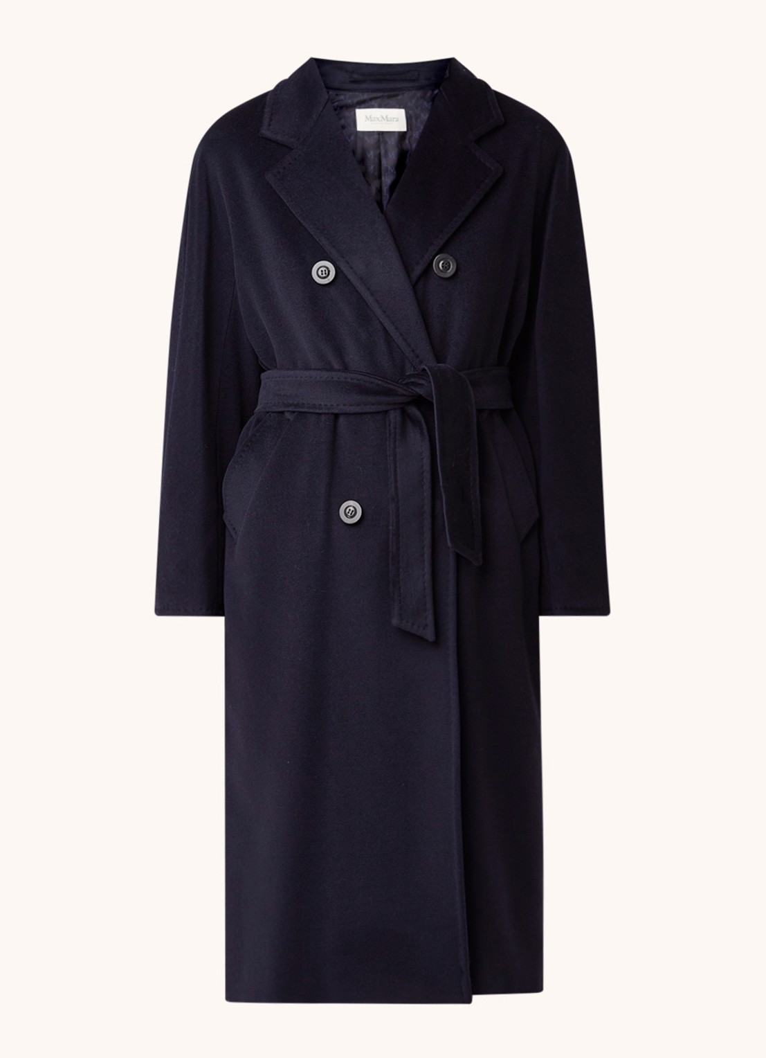 Max Mara Madame mantel in wolblend met strikceintuur - voorkant 4 blauw