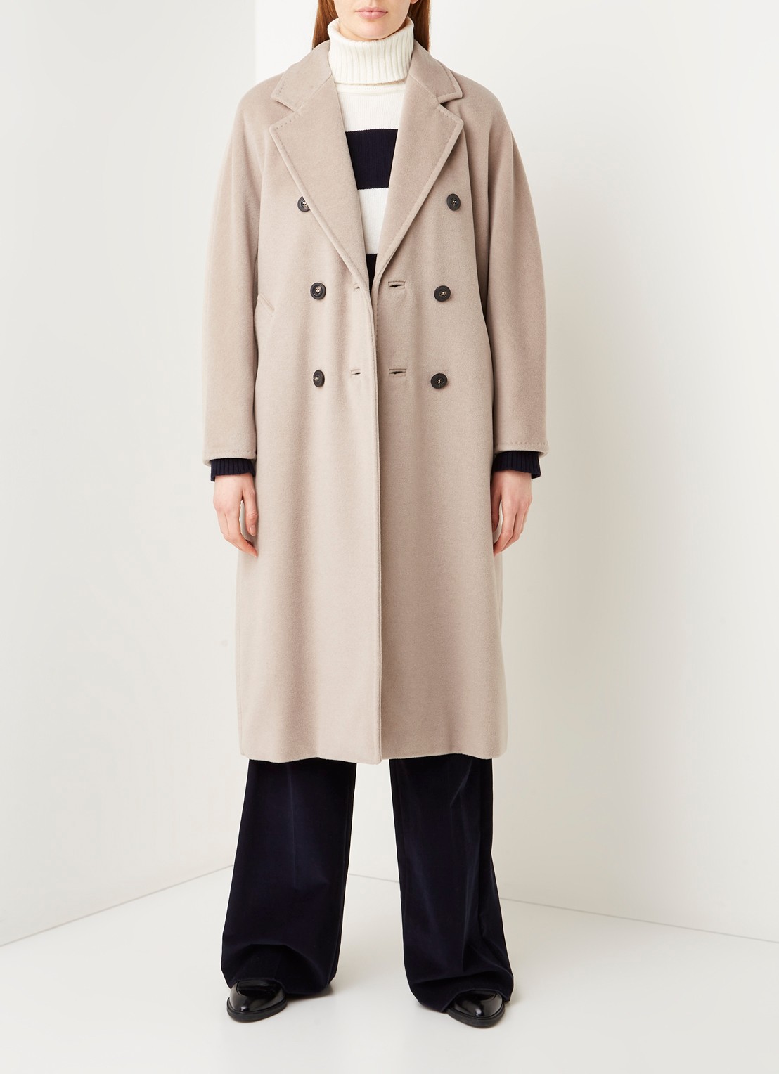 Max Mara Madame mantel in wolblend met strikceintuur - voorkant 5 beige