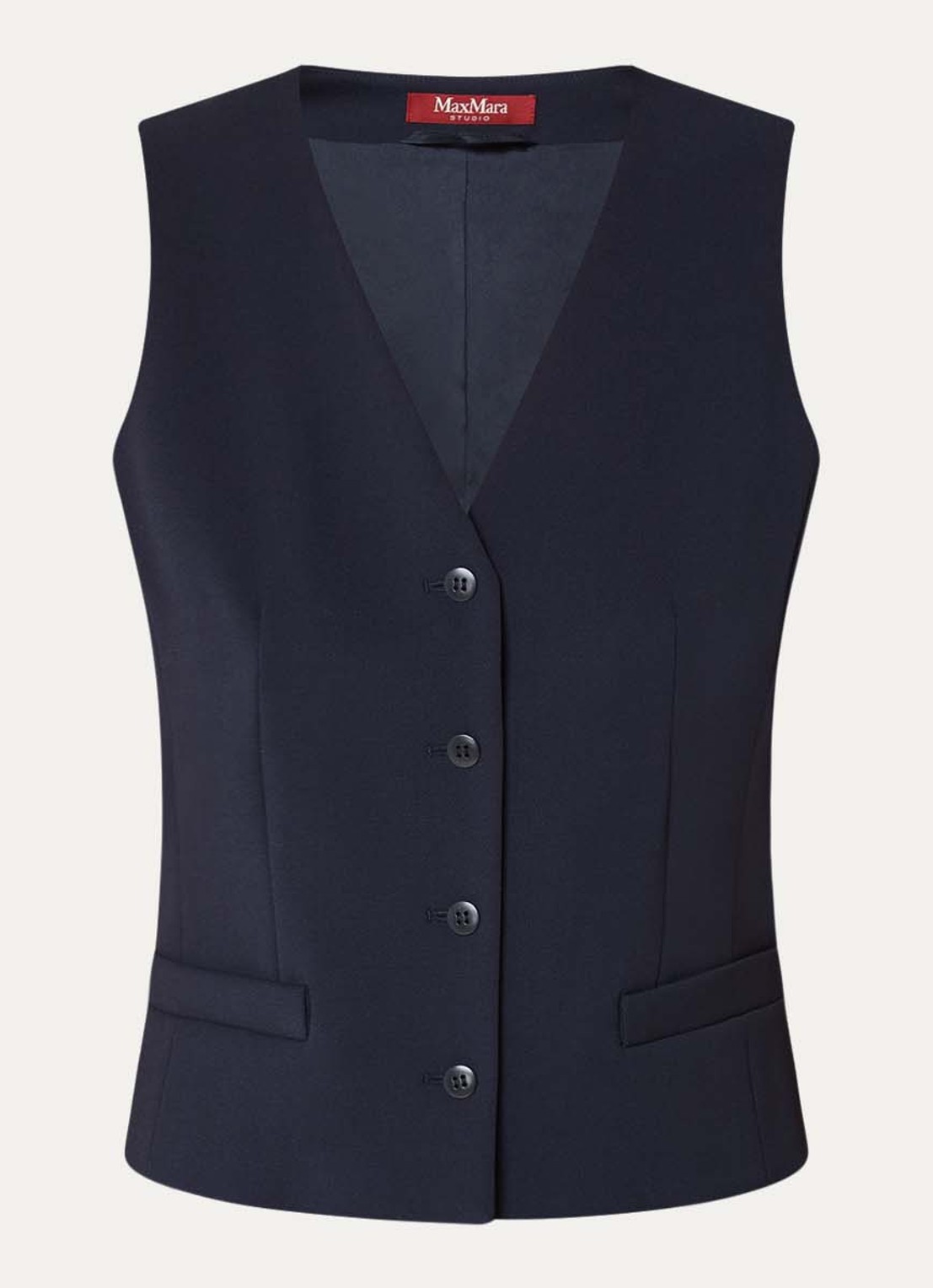 Max Mara Madia gilet van scheerwol met paspelzakken - voorkant donkerblauw
