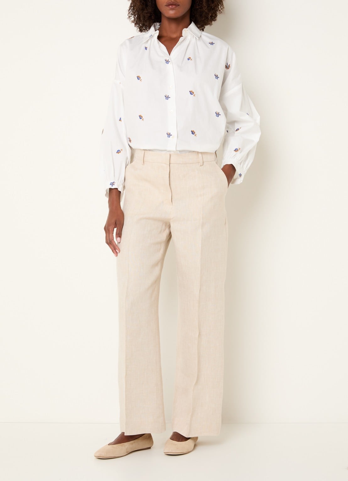 Max Mara Malizia high waist wide fit pantalon van linnen - voorkant 3 gebroken wit