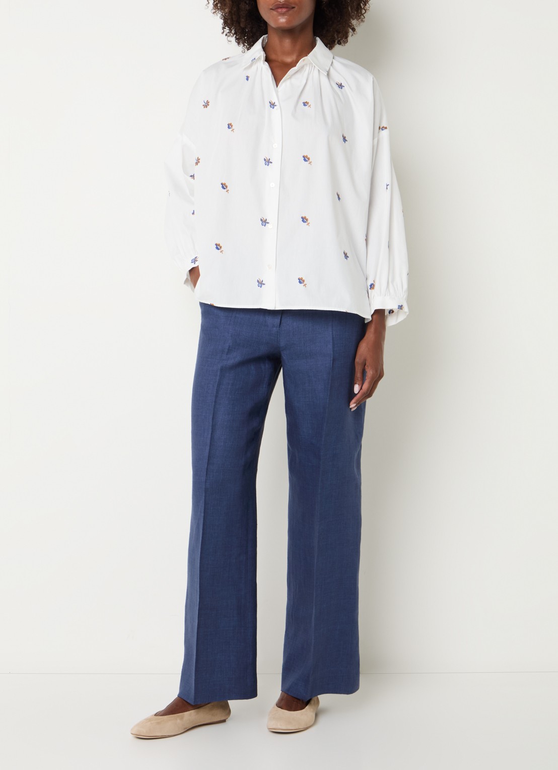 Max Mara Malizia high waist wide fit pantalon van linnen - voorkant 3 donkerblauw