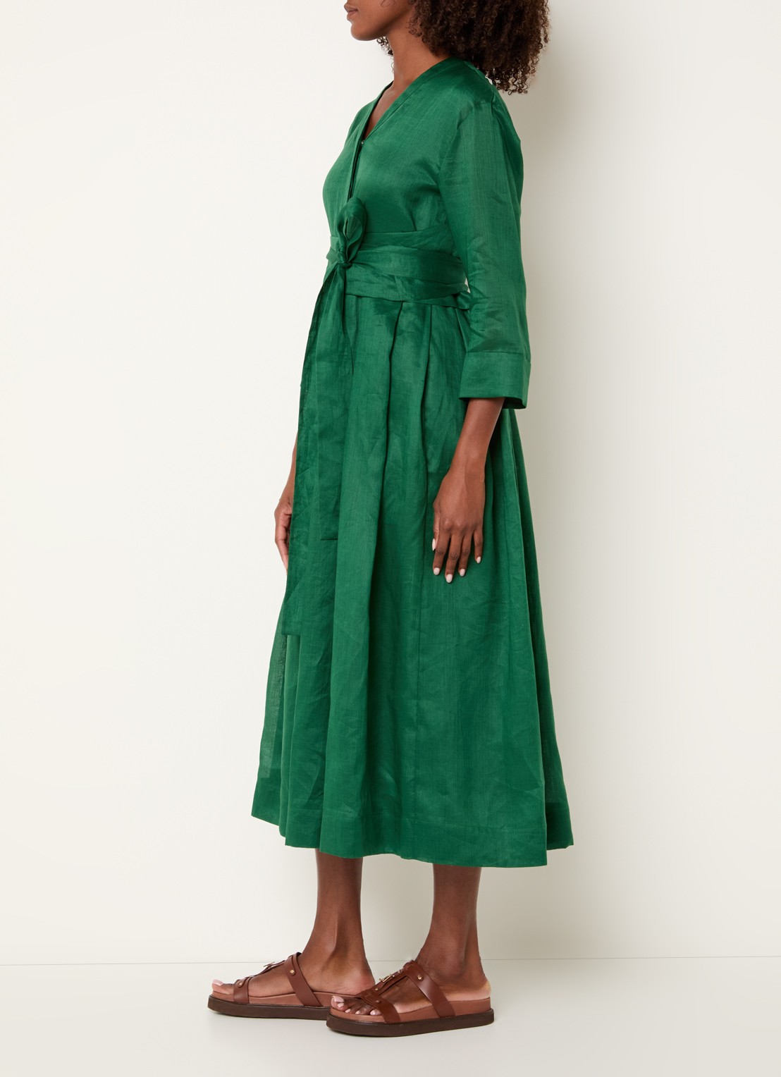 Max Mara Midi blousejurk met strikceintuur en steekzakken - voorkant 2 donkergroen
