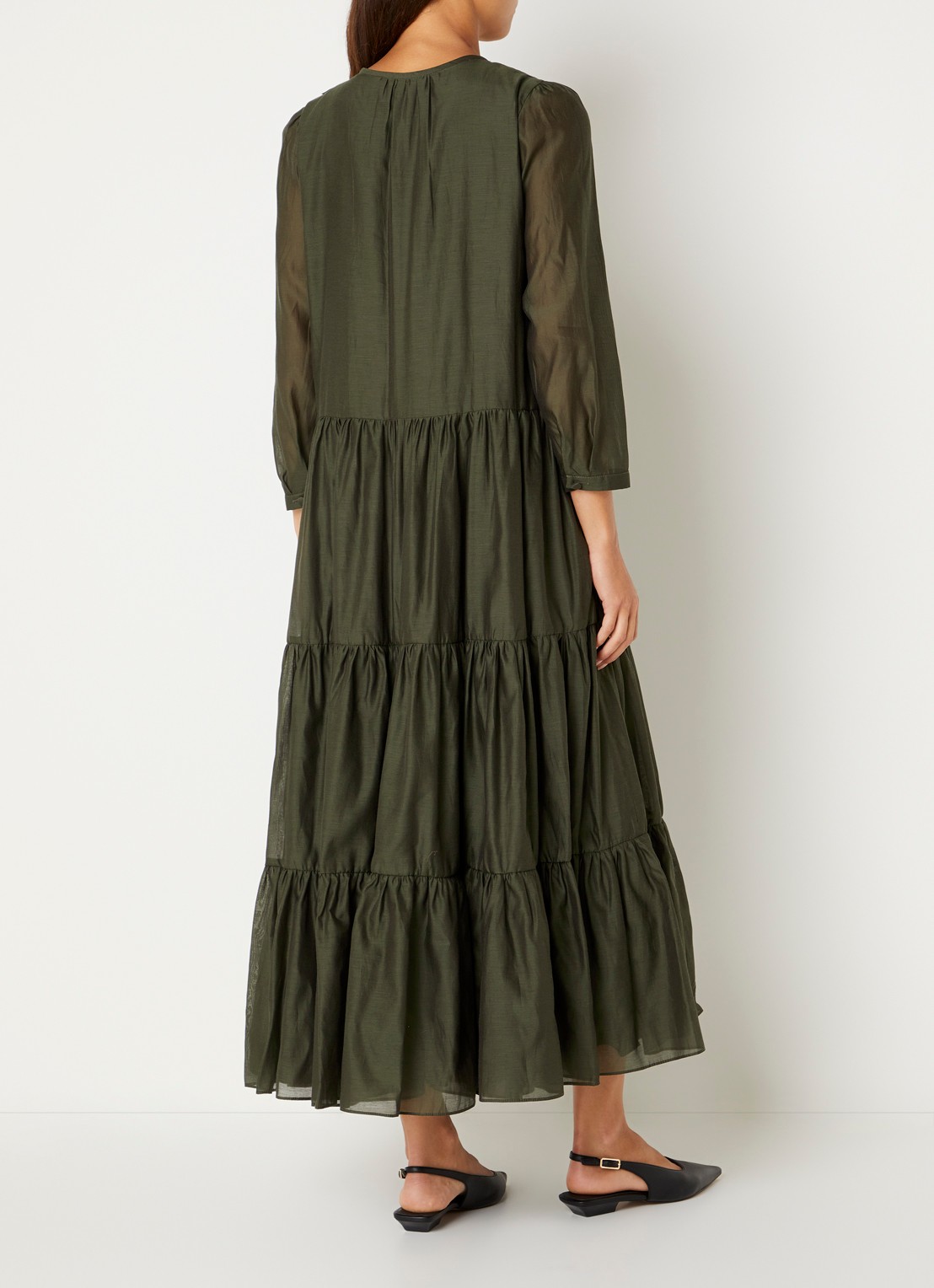 Max Mara Midi jurk in zijdeblend met plooidetail - achterkant donkergroen