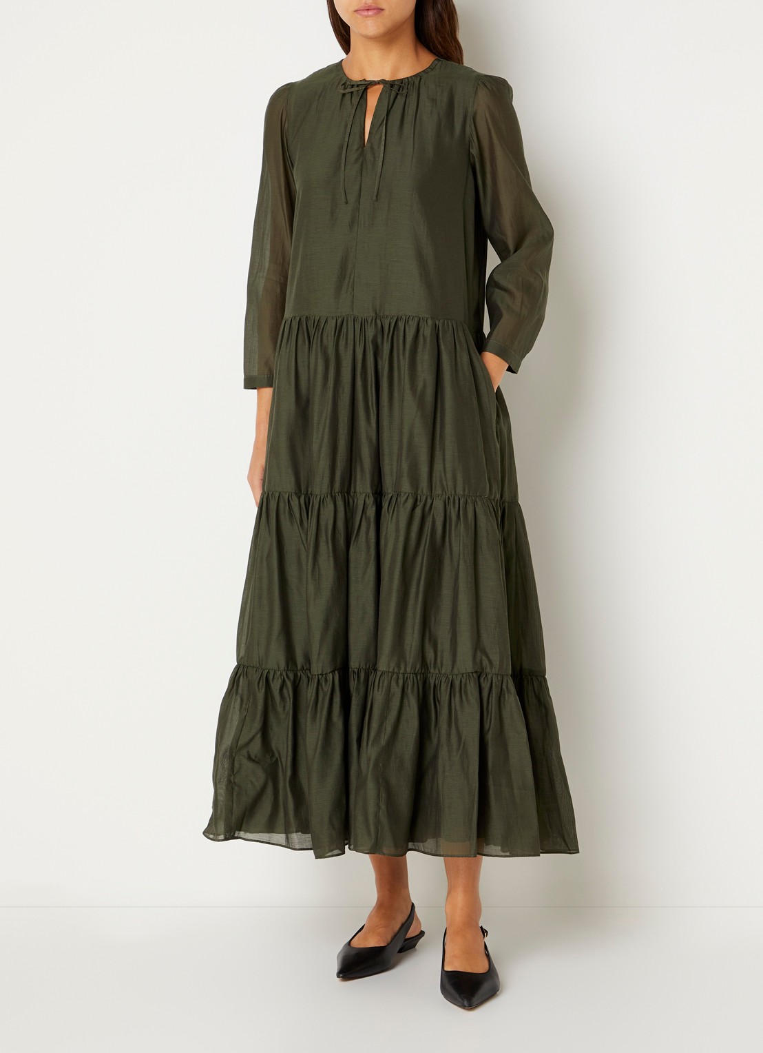 Max Mara Midi jurk in zijdeblend met plooidetail - detail 4 donkergroen