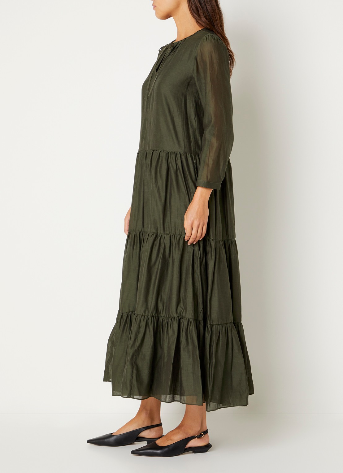 Max Mara Midi jurk in zijdeblend met plooidetail - voorkant 3 donkergroen