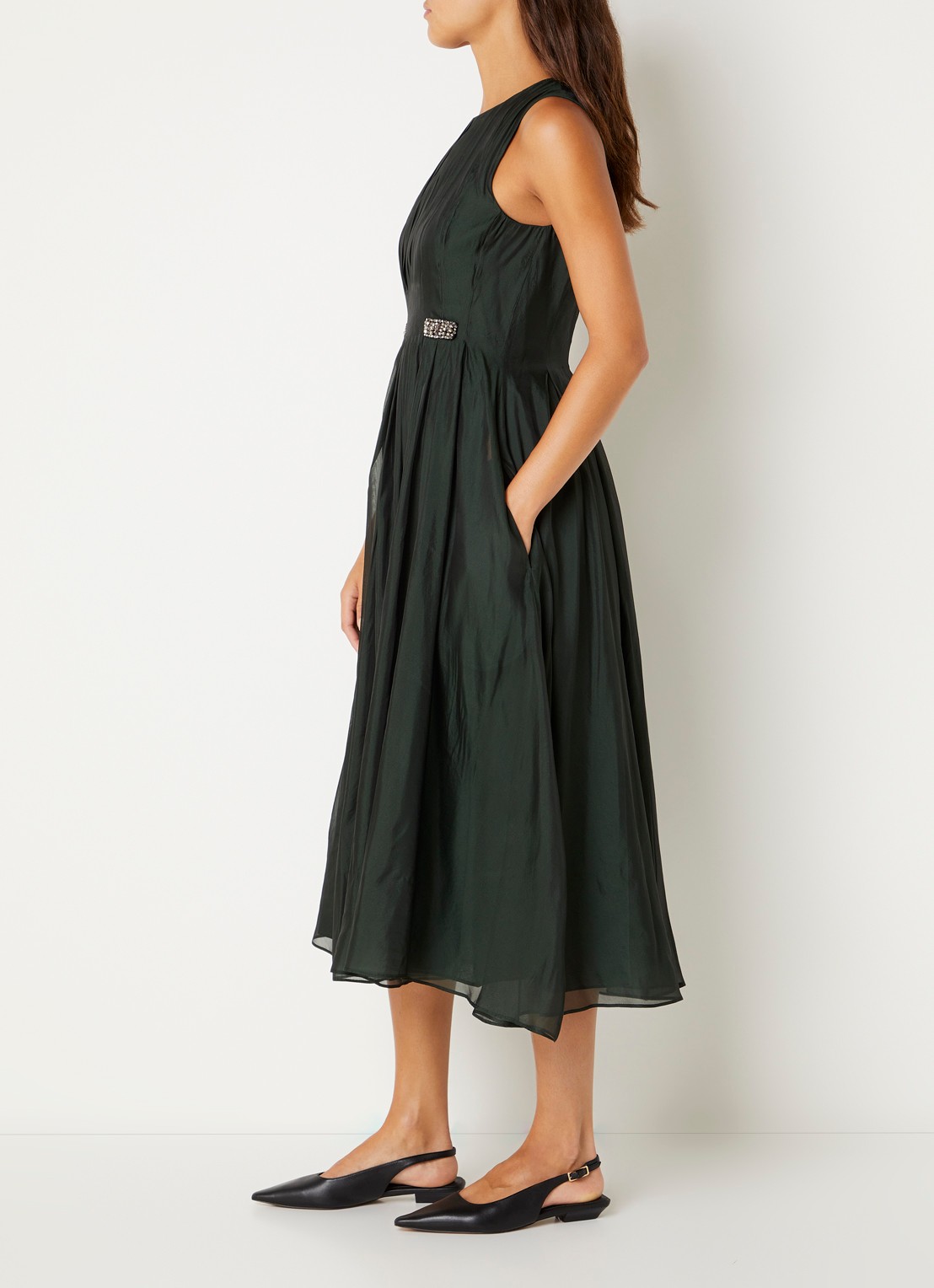 Max Mara Midi jurk in zijdeblend met plooidetail - voorkant 3 donkergroen