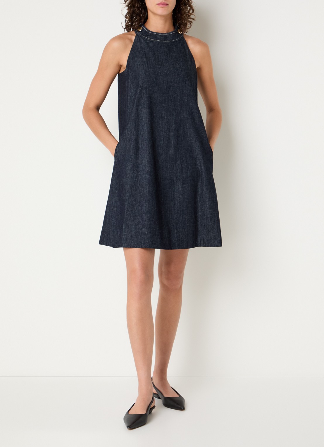 Max Mara Midi jurk van denim met ronde hals - voorkant 4 indigo