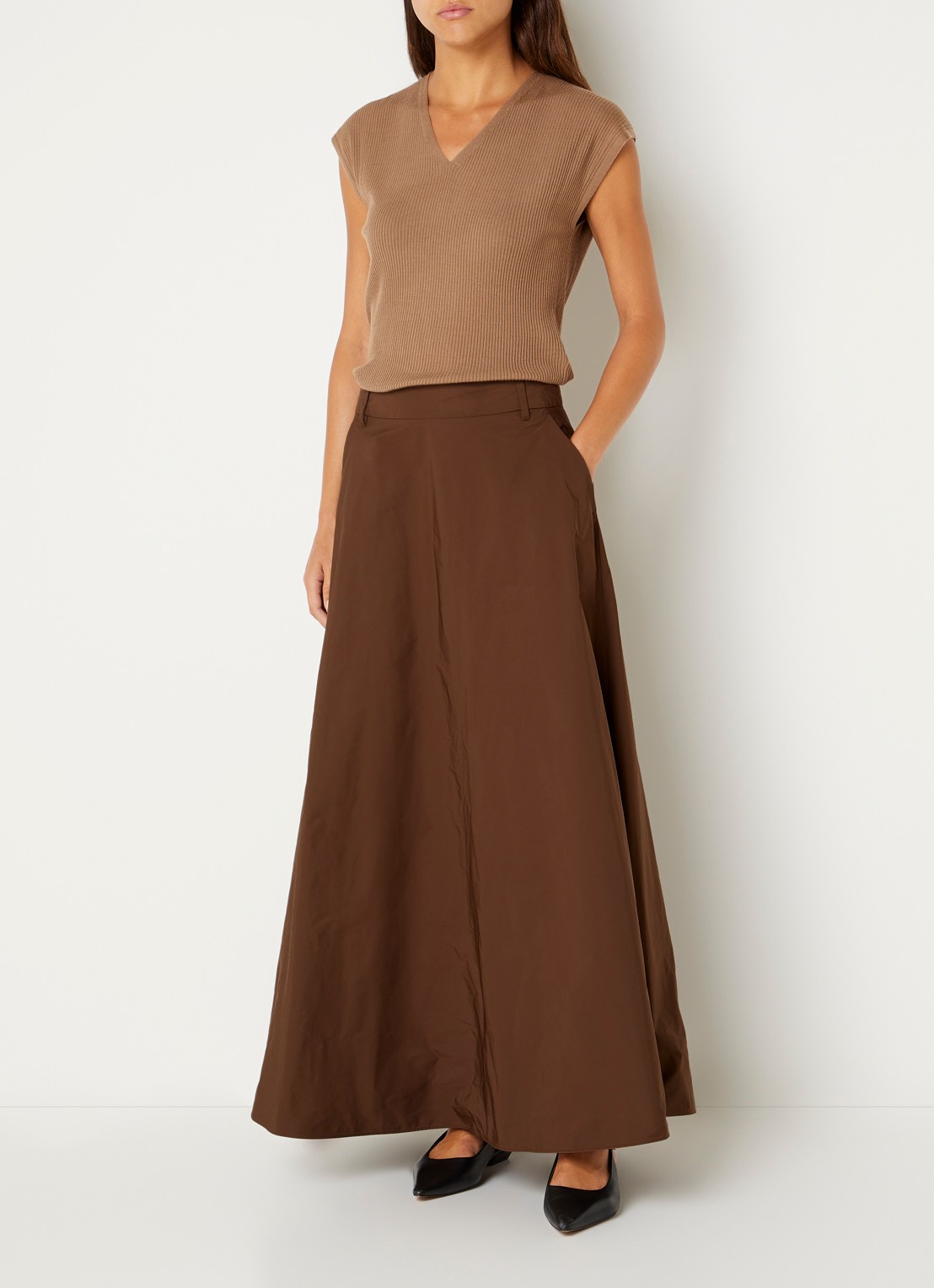 Max Mara Midi rok met steekzakken - voorkant 4 bruin