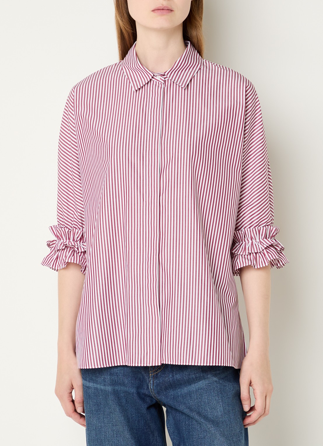 Max Mara Nebbie blouse met streepprint en volant - detail 4 bordeauxrood