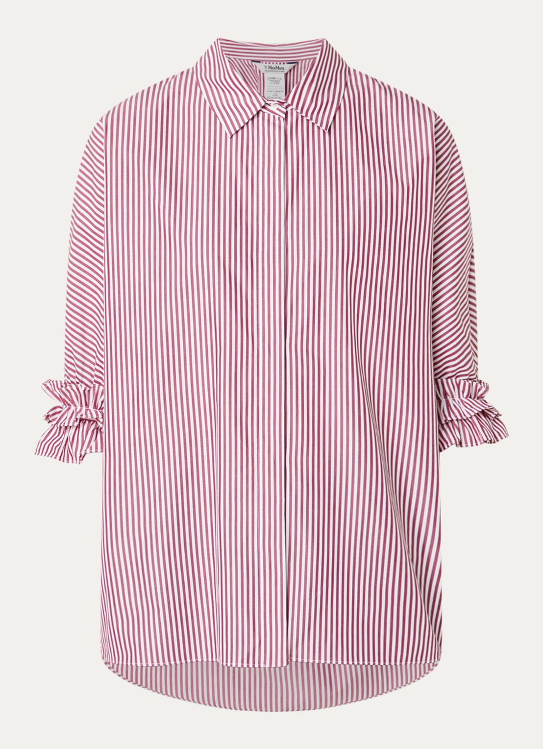 Max Mara Nebbie blouse met streepprint en volant - voorkant bordeauxrood