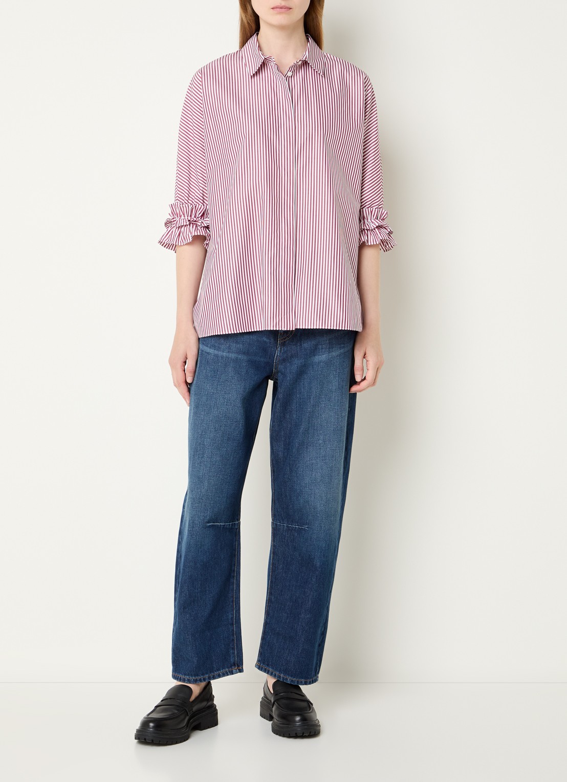 Max Mara Nebbie blouse met streepprint en volant - voorkant 2 bordeauxrood