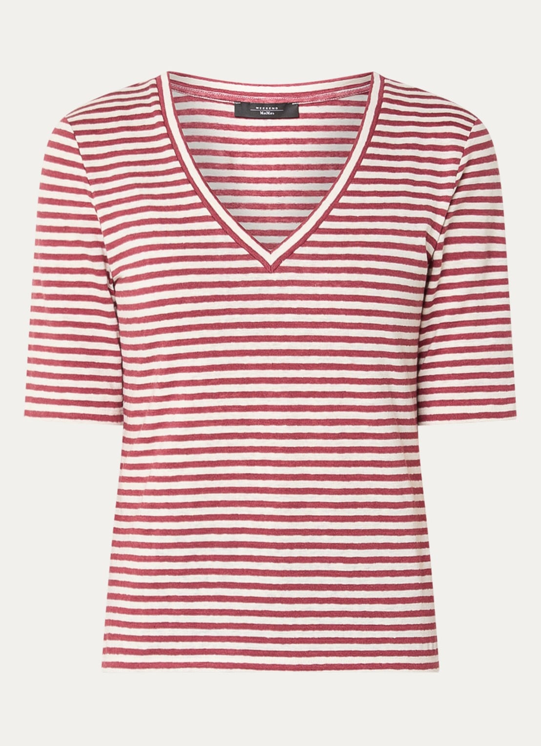 Max Mara Opzione T-shirt van linnen met V-hals - voorkant 3 kersenrood