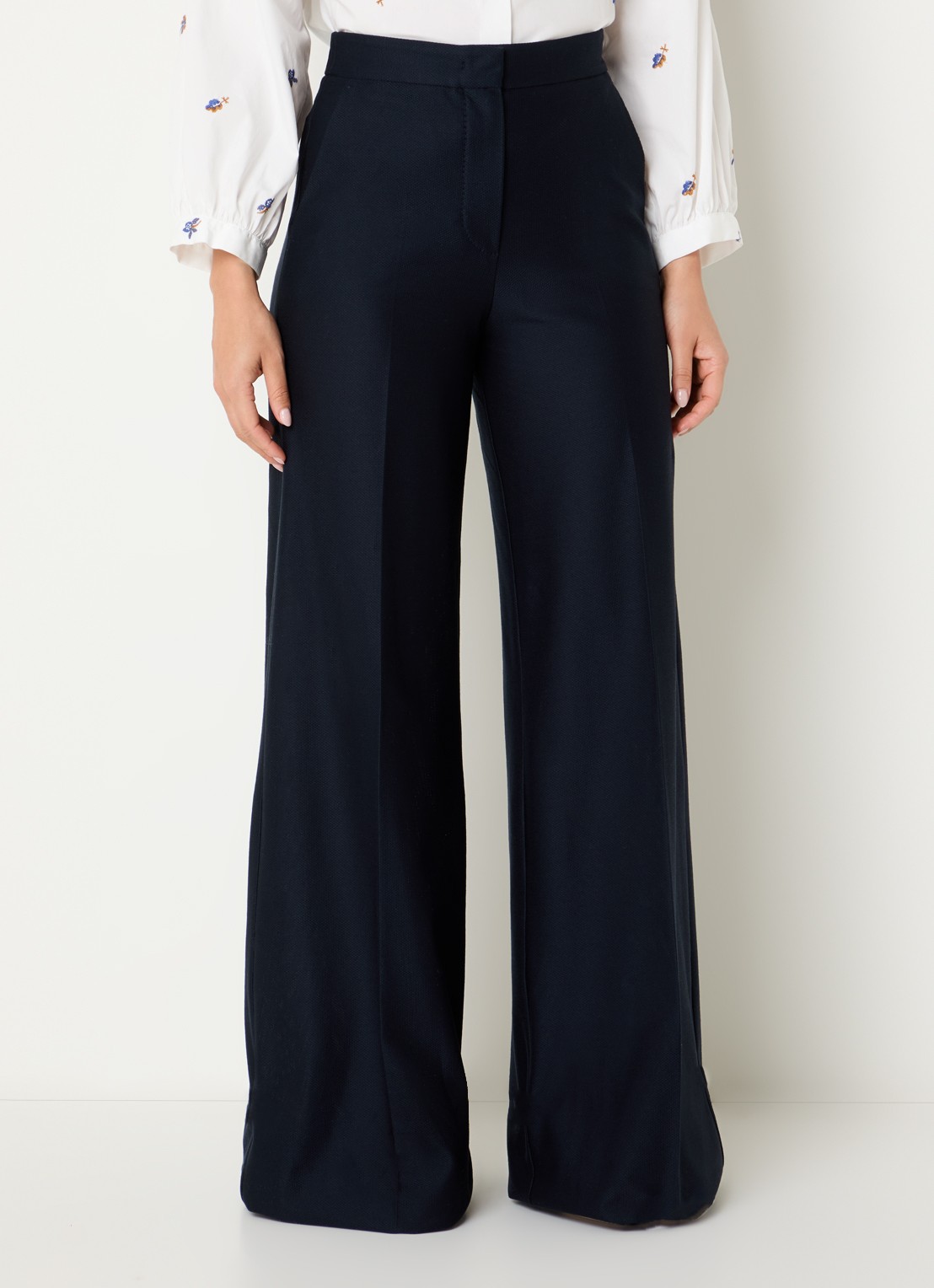 Max Mara Pinza high waist wide fit pantalon van piqué katoen - detail 4 donkerblauw
