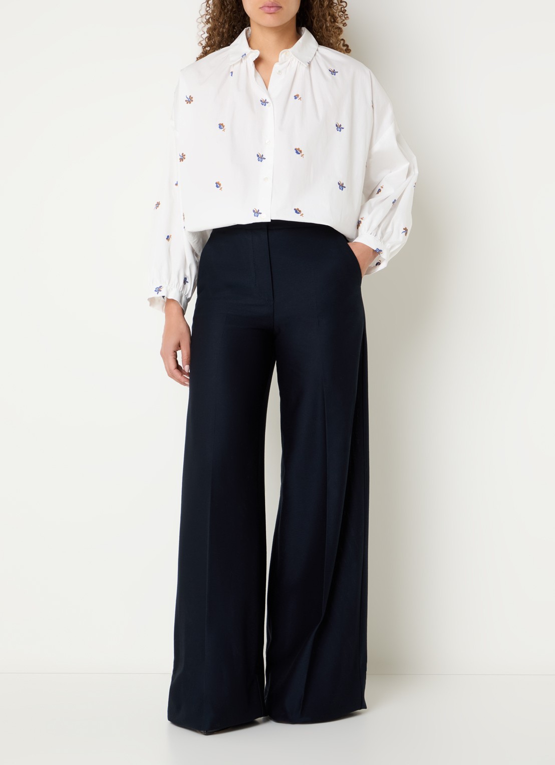 Max Mara Pinza high waist wide fit pantalon van piqué katoen - voorkant 3 donkerblauw