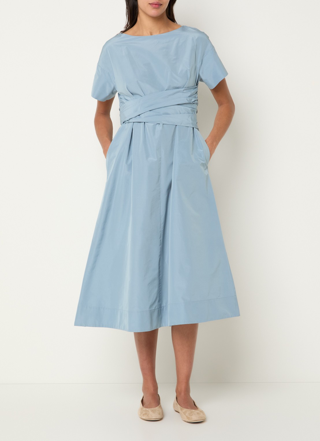 Max Mara Pioppo midi jurk met strikceintuur - detail 4 lichtblauw
