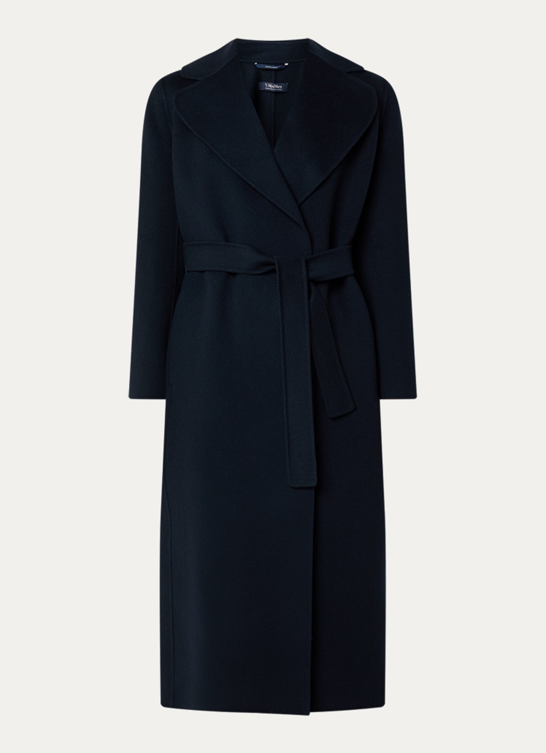 Max Mara Poldo mantel van scheerwol met steekzakken en strikceintuur - voorkant 2 donkerblauw