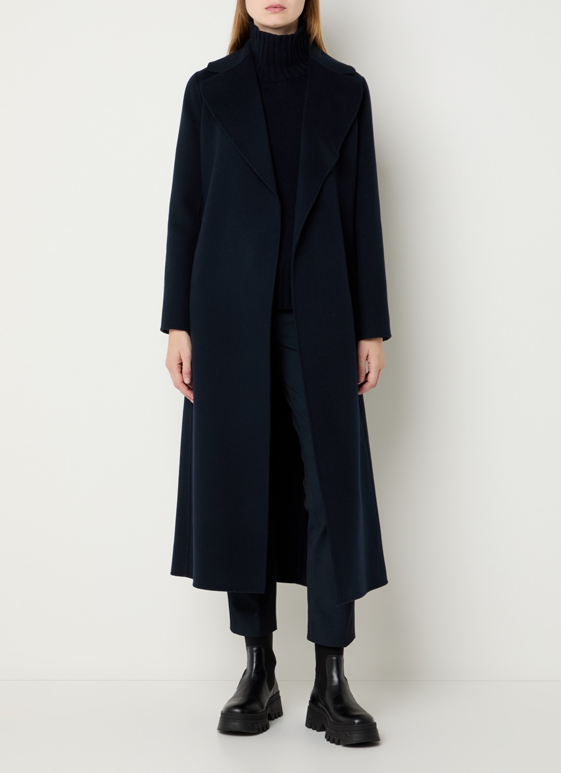 Max Mara Poldo mantel van scheerwol met steekzakken en strikceintuur - voorkant 3 donkerblauw