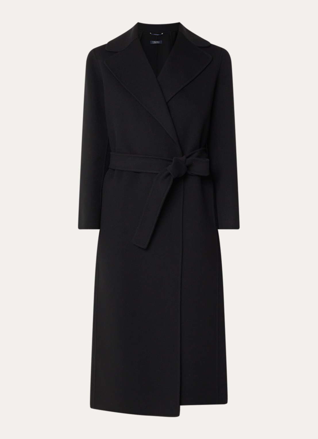 Max Mara Poldo mantel van scheerwol met steekzakken en strikceintuur - voorkant 2 zwart