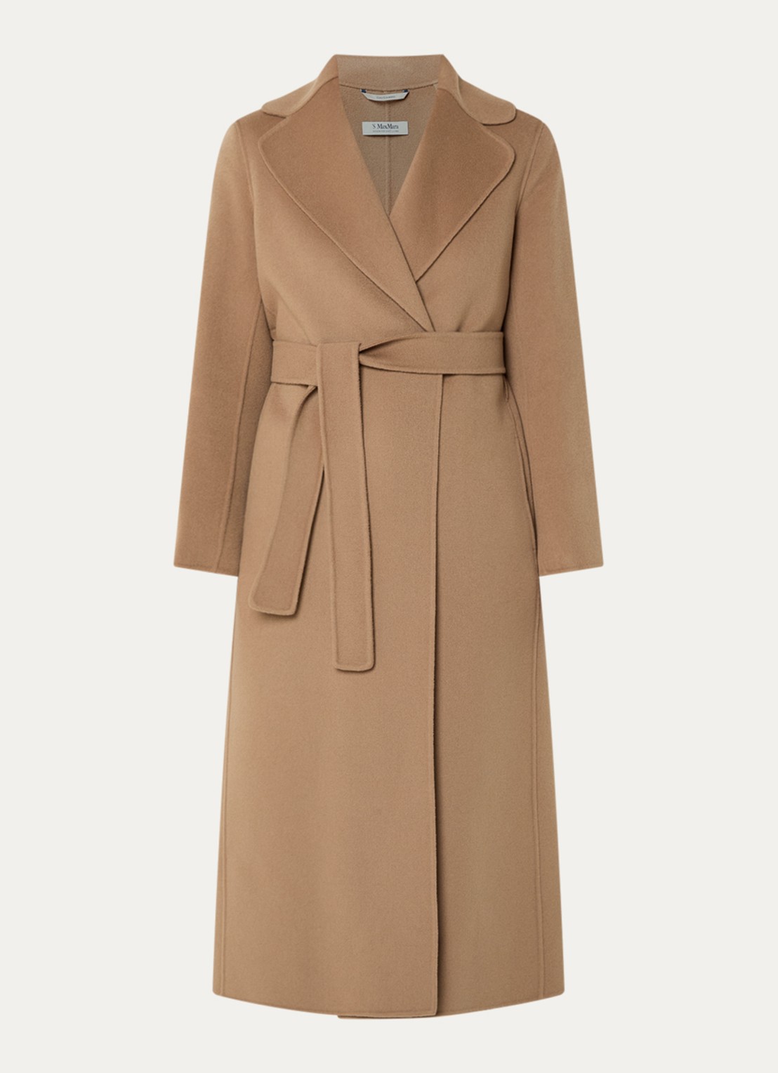 Max Mara Poldo mantel van scheerwol met steekzakken en strikceintuur - voorkant 2 camel