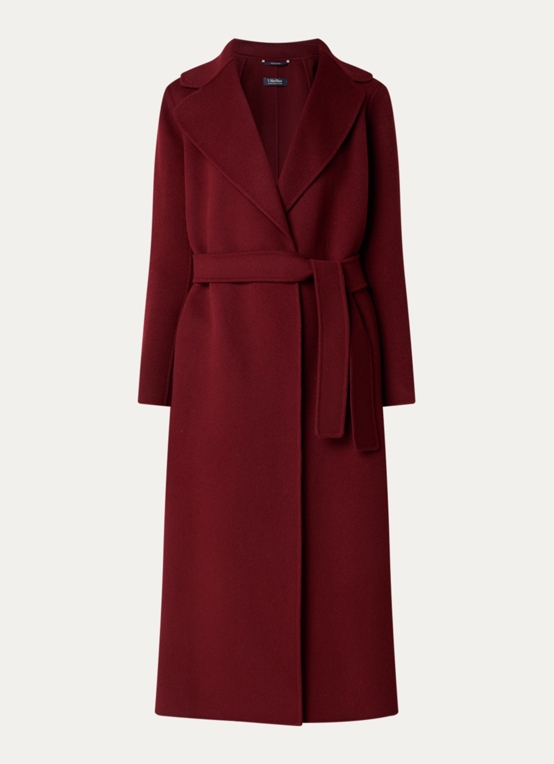 Max Mara Poldo mantel van scheerwol met steekzakken en strikceintuur - voorkant 3 donkerrood