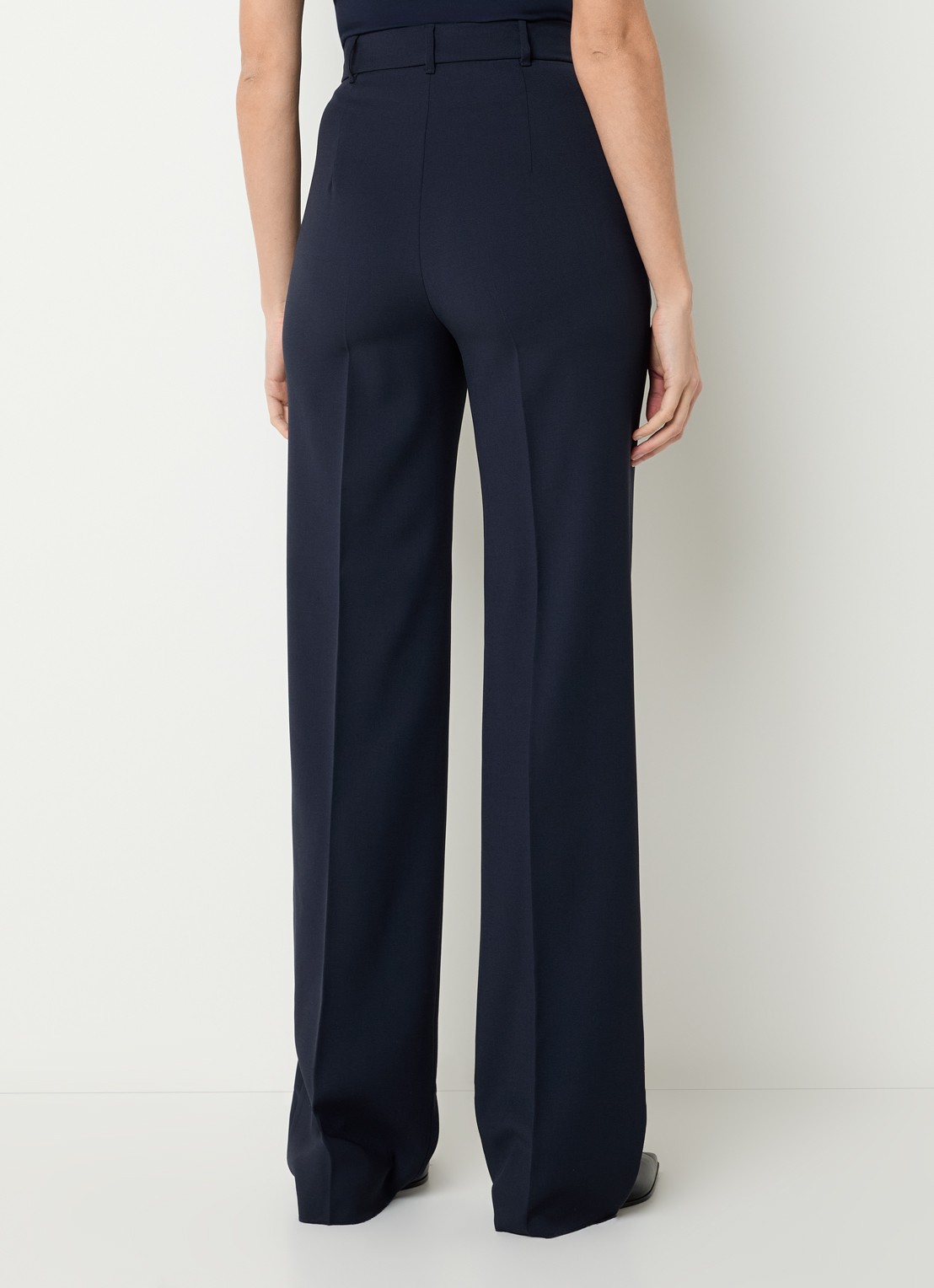 Max Mara Quasar high waist straight fit pantalon van scheerwol met persplooi - achterkant donkerblauw