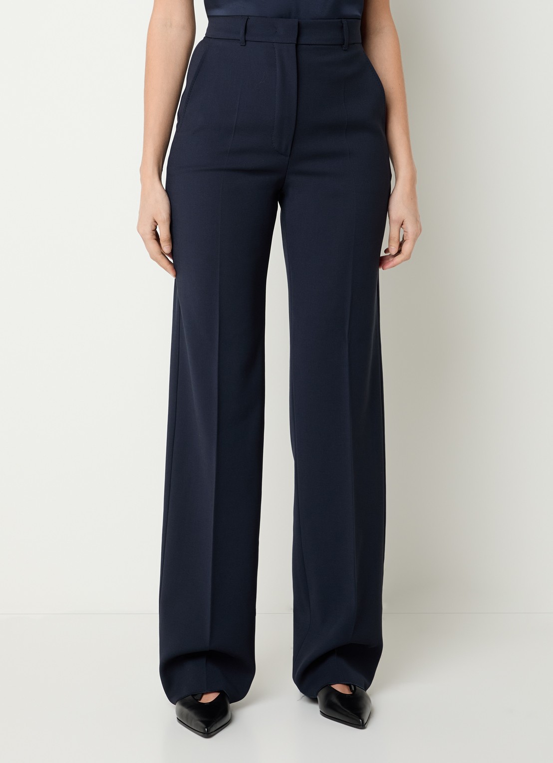 Max Mara Quasar high waist straight fit pantalon van scheerwol met persplooi - detail 2 donkerblauw